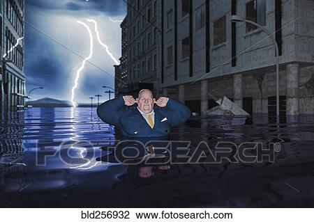 Overweight businessman with fingers in ears in flooded city View Large Photo Image Stock Image - Overweight businessman with fingers in ears in flooded city. Fotosearch