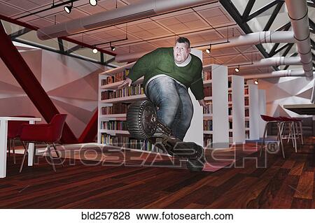 Stock Photo - Overweight man riding futuristic skateboard in library. Fotosearch