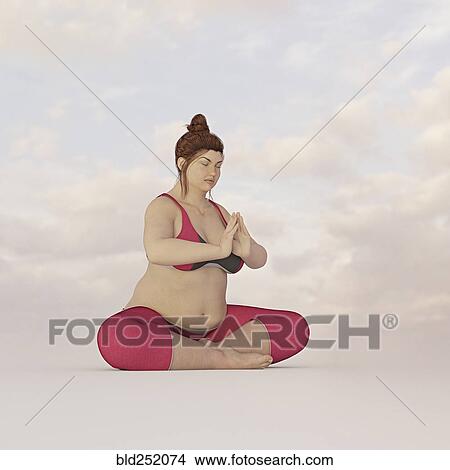 Picture - Overweight woman meditating in sky. Fotosearch