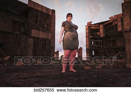Stock Photography - Overweight woman standing in urban ruins. Fotosearch
