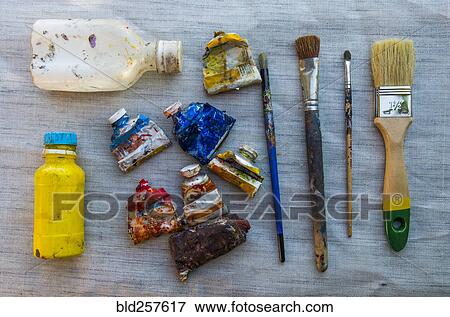 Painting supplies on table View Large Photo Image Stock Photo - Painting supplies on table. Fotosearch