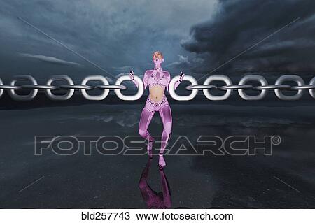 Stock Image - Pink android woman linking chains. Fotosearch
