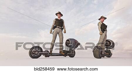 Stock Photo - Police officers riding futuristic skateboards. Fotosearch