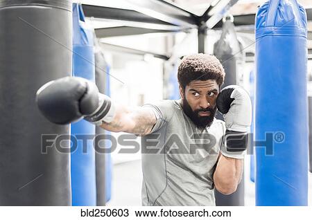 Stock Image - Portrait of Black man wearing boxing gloves in gymnasium. Fotosearch