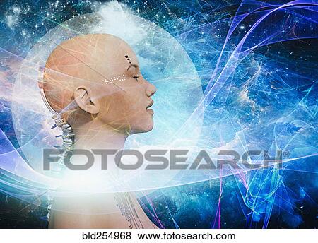 Stock Photo - Profile of woman with mechanical spine. Fotosearch
