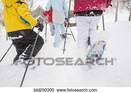 Rear view of Caucasian family snowshoeing View Large Photo Image Stock Image - Rear view of Caucasian family snowshoeing. Fotosearch