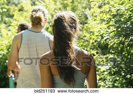 Rear view of friends walking near trees View Large Photo Image Stock Image - Rear view of friends walking near trees. Fotosearch