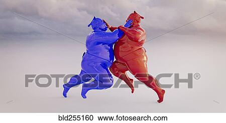 Stock Image - Red and blue sumo wrestlers fighting. Fotosearch