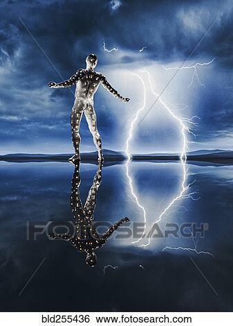 Stock Photograph - Reflection of glowing man watching lightning. Fotosearch