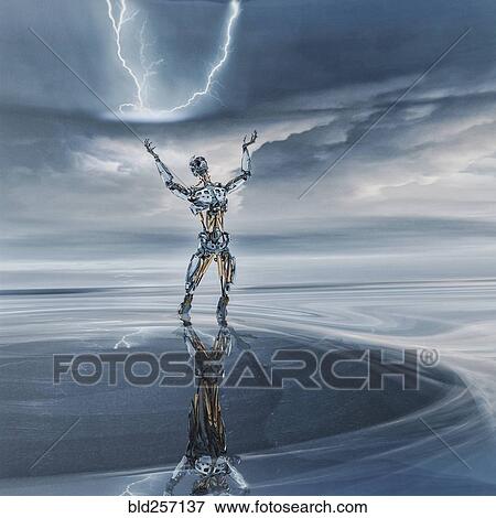 Reflection of robot looking up at lightning View Large Photo Image Stock Photo - Reflection of robot looking up at lightning. Fotosearch