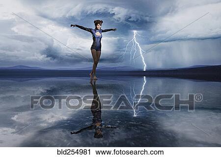 Reflection of the woman walking on ice and lightning View Large Photo Image Stock Image - Reflection of the woman walking on ice and lightning. Fotosearch