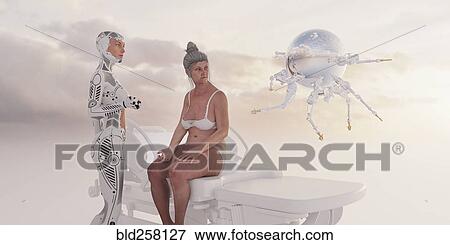 Stock Photo - Robot and android examining woman. Fotosearch