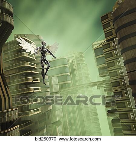 Stock Image - Robot angel flying in futuristic city. Fotosearch