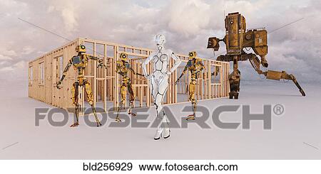 Stock Photo - Robot construction workers distracted by a woman robot. Fotosearch
