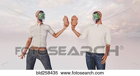 Stock Photography - Robot couple holding removable face masks. Fotosearch