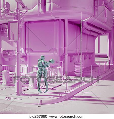 Stock Image - Robot couple hugging in futuristic pink city. Fotosearch