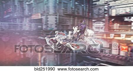 Stock Image - Robot flying vehicle in futuristic city. Fotosearch