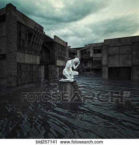 Robot kneeling on broken wall in flood View Large Photo Image Stock Image - Robot kneeling on broken wall in flood. Fotosearch