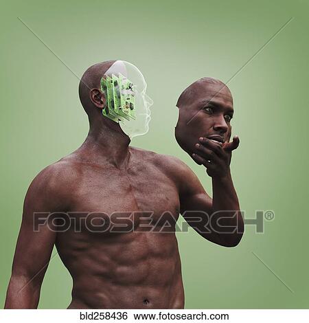 Robot man holding removable face mask View Large Photo Image Stock Photograph - Robot man holding removable face mask. Fotosearch