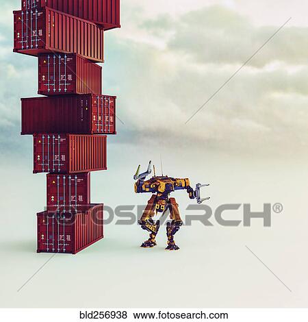 Stock Photo - Robot near stat of cargo containers. Fotosearch