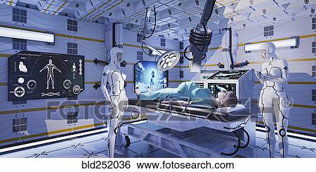 Stock Photograph - Robot nurses examining expectant mother. Fotosearch