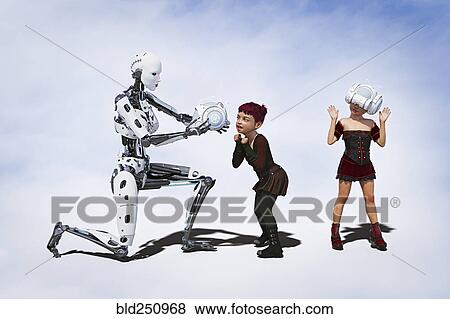 Stock Photo - Robot offering virtual reality helmet to girl. Fotosearch