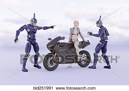 Robot police confronting futuristic woman on motorcycle View Large Photo Image Stock Image - Robot police confronting futuristic woman on motorcycle. Fotosearch