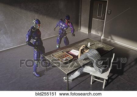 Stock Image - Robot police questioning man. Fotosearch