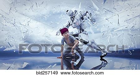 Stock Photo - Robot protecting woman from falling shards of glass. Fotosearch
