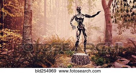 Stock Photo - Robot standing on tree stump in forest. Fotosearch