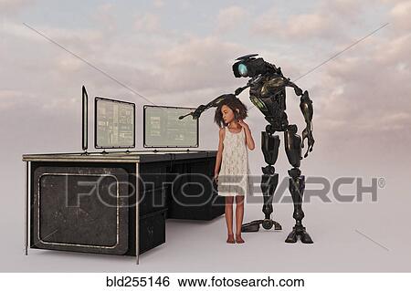 Stock Photograph - Robot standing with girl and pointing at computer. Fotosearch