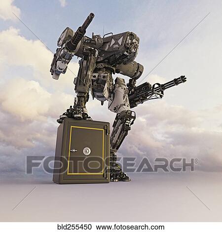 Robot with guns guarding safe View Large Photo Image Stock Image - Robot with guns guarding safe. Fotosearch