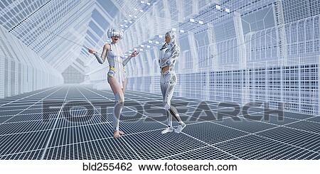 Robot with woman wearing virtual reality goggles in futuristic corridor View Large Photo Image Stock Image - Robot with woman wearing virtual reality goggles in futuristic corridor. Fotosearch