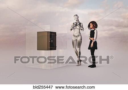 Robot woman and girl watching safe in cube View Large Photo Image Stock Photo - Robot woman and girl watching safe in cube. Fotosearch