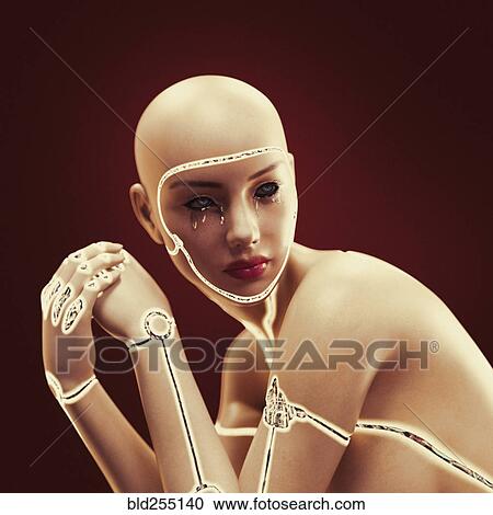 Stock Image - Robot woman crying. Fotosearch