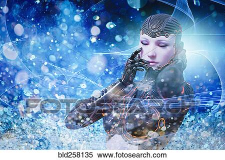 Stock Photography - Robot woman dreaming in blue cyberspace. Fotosearch