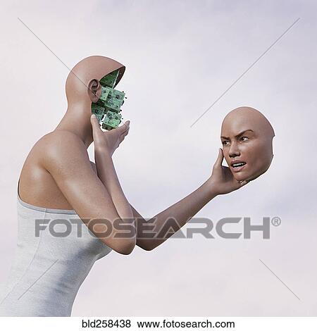 Robot woman holding removable face mask and circuits View Large Photo Image Stock Photo - Robot woman holding removable face mask and circuits. Fotosearch
