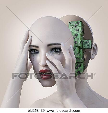 Robot woman holding removable face mask revealing circuits View Large Photo Image Stock Photo - Robot woman holding removable face mask revealing circuits. Fotosearch