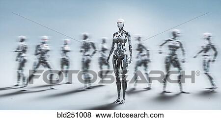 Stock Photo - Robot woman standing still near walking robots. Fotosearch