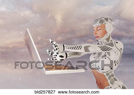 Stock Photo - Robot woman using floating laptop. Fotosearch