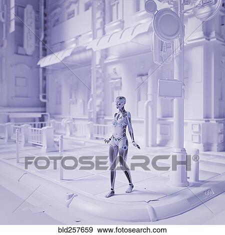 Robot woman walking in futuristic white city View Large Photo Image Stock Photo - Robot woman walking in futuristic white city. Fotosearch