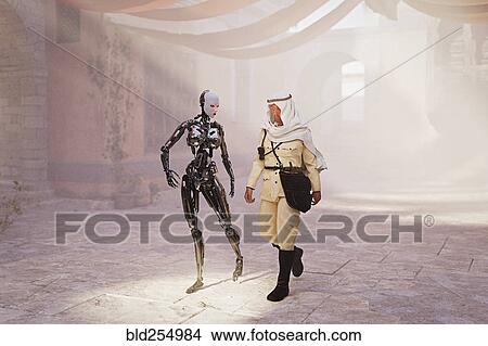 Robot woman walking with man in traditional clothing View Large Photo Image Picture - Robot woman walking with man in traditional clothing. Fotosearch