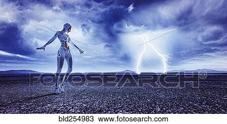 Robot woman watching distant lightning View Large Photo Image Stock Image - Robot woman watching distant lightning. Fotosearch