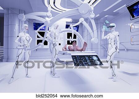 Picture - Robot women performing medical examination on man. Fotosearch