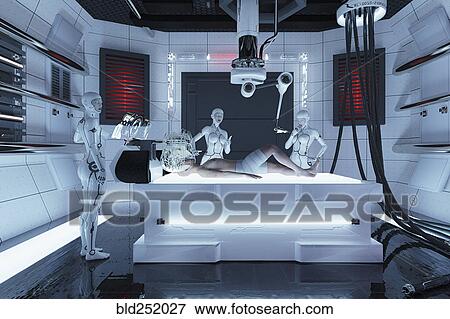 Stock Photo - Robot women performing medical examination of man. Fotosearch