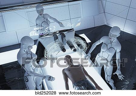 Stock Photo - Robot women performing medical examination of man. Fotosearch