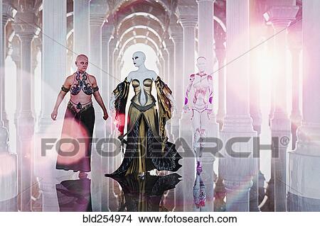 Picture - Robot women walking near pillars. Fotosearch