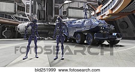Stock Photo - Robots and vehicles in futuristic city. Fotosearch