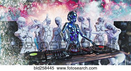 Robots dancing to music by robot woman disc jockey View Large Photo Image Stock Photography - Robots dancing to music by robot woman disc jockey. Fotosearch