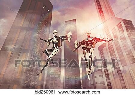 Robots flying near skyscrapers View Large Photo Image Stock Image - Robots flying near skyscrapers. Fotosearch
